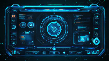 Explore a captivating futuristic digital interface featuring blue neon elements, perfect for technology-themed projects and innovative design concepts.の素材