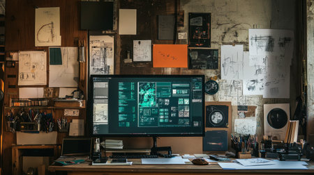 A vibrant creative workspace featuring a computer monitor displaying digital designs, surrounded by various sketches and art supplies, fostering inspiration and productivity.の素材