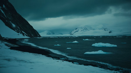 A tranquil winter landscape featuring icebergs floating in a serene ocean under dark clouds. The scene captures the beauty and solitude of a remote arctic environment.の素材
