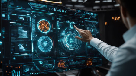 A person interacts with a futuristic user interface on a digital display, showcasing advanced technology and modern design in a high-tech environment.の素材