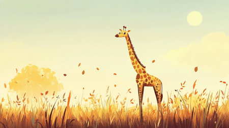 A charming cartoon giraffe stands gracefully in a warm grassland, surrounded by colorful foliage and a bright sky, embodying serenity and joy.の素材