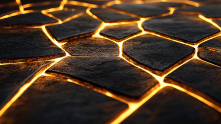 Close-up of a glowing stone path creating captivating patterns with warm light, showcasing detailed textures and a unique artistic design for outdoor spaces.の素材