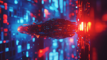 Explore a captivating futuristic digital landscape with vibrant neon colors. This abstract art piece creates a striking portrayal of technology and innovation.の素材