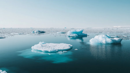 A picturesque scene featuring icebergs floating serenely on calm waters. This breathtaking capture highlights the beauty and tranquility of a pristine Arctic landscape.の素材