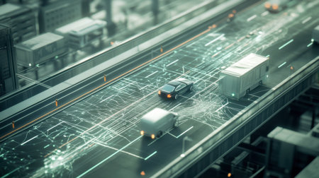 A futuristic city road scene featuring a lone car and digital overlays representing technology, traffic management, and urban connectivity.の素材