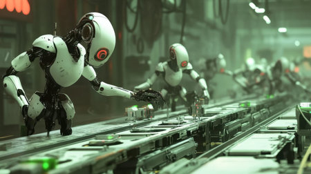Futuristic robots working in a high-tech assembly line, showcasing automation and advanced manufacturing processes in an innovative factory environment.の素材