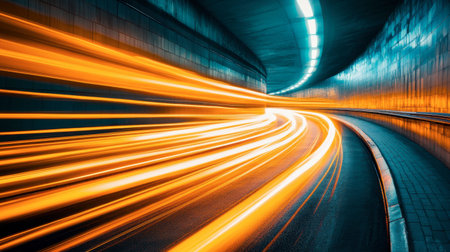 A vibrant image showcasing dynamic light trails in a modern tunnel. The intensity of motion and speed creates an energetic atmosphere, perfect for technology or urban themes.の素材