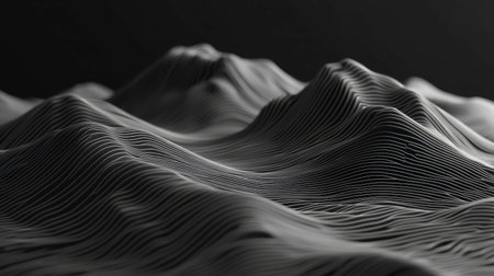 A striking abstract representation of a mountain range featuring intricate lines and textures, creating a captivating dark landscape in monochrome tones.の素材