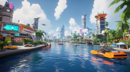 A vibrant futuristic cityscape featuring sleek buildings, palm trees, and tranquil waterways filled with modern boats, showcasing a bright and sunny day.の素材