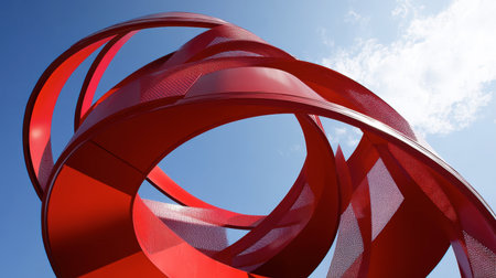 A vibrant abstract red sculpture rises against a clear blue sky, showcasing modern design and geometric curves that captivate the viewer's attention.の素材