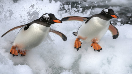 Two playful penguins splash through the snowy landscape, showcasing their lively nature. This moment captures the essence of wildlife in a chilly environment.の素材