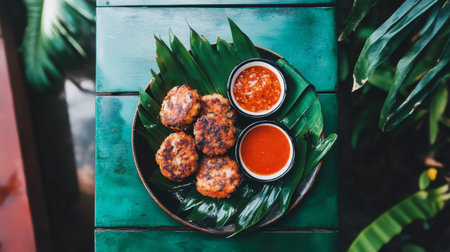 A vibrant plate of Thai fish cakes garnished with fresh herbs, served with spicy dipping sauces. Perfect appetizer for seafood lovers. Enjoy!の素材
