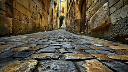 This image captures a narrow cobblestone street in a historic alleyway, featuring textured stones and aged walls. Perfect for travel and architecture themes.の素材