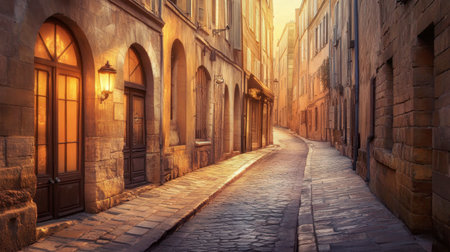 Capture a tranquil moment in a historic cobblestone street, bathed in warm sunset light. Ideal for themes of travel, architecture, and urban exploration.の素材