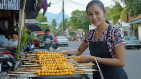 A cheerful woman grills flavorful skewers in a bustling street market. The vibrant scene captures local culinary culture and the joy of sharing authentic street food.の素材