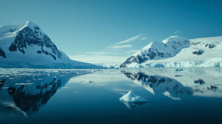 A breathtaking view of a glacial landscape featuring towering mountains, floating icebergs, and a calm, reflective water surface that captures the beauty of nature.の素材