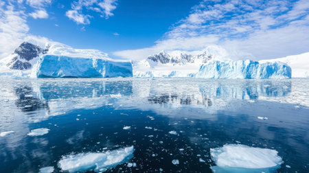 A breathtaking view of icebergs floating serenely in clear Antarctic waters. The vivid blue sky and reflections create a stunning natural landscape.の素材