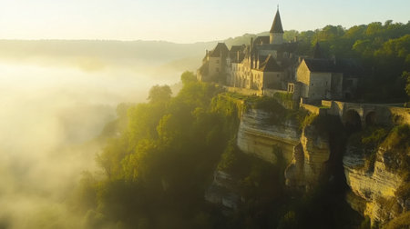 A breathtaking aerial view of a misty sunrise over an ancient castle perched on a cliff, surrounded by lush greenery and tranquil fog. Perfect for travel-themed projects.の素材
