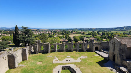 Breathtaking view of ancient castle ruins surrounded by lush greenery and rolling hills under a clear blue sky, inviting exploration and admiration.の素材