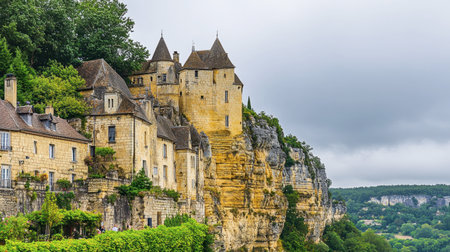 Majestic cliffside castle surrounded by lush greenery and dramatic skies, showcasing ancient architecture in a serene European landscape.の素材