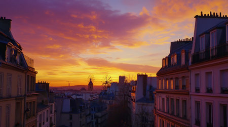 Stunning sunset view of Paris skyline featuring colorful clouds and a historical windmill. Experience the beauty of evening in the heart of the city.の素材