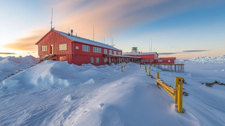 A striking red building stands amidst a blanket of snow, surrounded by a breathtaking polar landscape at sunset. The tranquil setting evokes a sense of adventure.の素材