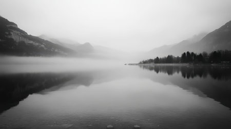 A captivating black and white image of a tranquil lake enveloped in mist. The serene reflection of mountains creates a perfect atmosphere of calm and solitude.の素材