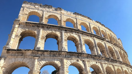 Explore the magnificent ancient architecture of the Colosseum in Rome. This iconic monument showcases stunning arches against a clear blue sky, reflecting history and culture.の素材