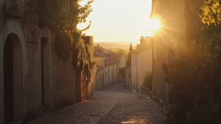 A peaceful street in a charming village bathed in warm sunset light, showcasing cobblestone paths and quaint architecture, inviting exploration and tranquility.の素材
