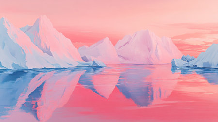 Experience the beauty of an arctic landscape at sunset, featuring majestic icebergs reflecting in calm waters under a pastel sky. A tranquil scene awaits.の素材