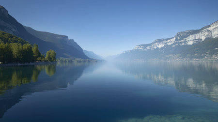 A tranquil lake reflecting stunning mountains under a clear blue sky, creating a peaceful outdoor scene perfect for relaxation and nature appreciation.の素材