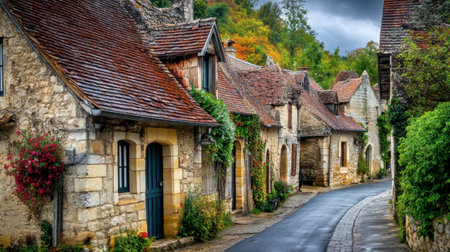 Explore a picturesque village with charming stone cottages nestled along a peaceful road. Enhance your travel collection with this serene landscape scene.の素材