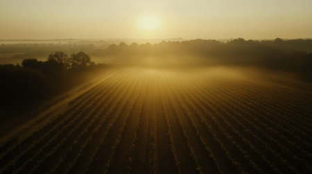 A breathtaking view of a vineyard at sunrise, enveloped in mist. The tranquil atmosphere and gentle sunlight create a serene landscape perfect for showcasing nature's beauty.の素材