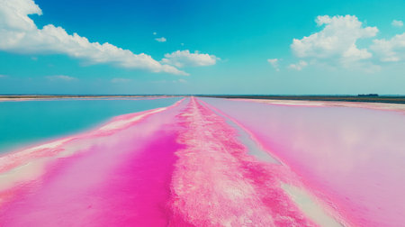 A stunning view of a pink salt lake under a bright blue sky, showcasing vibrant colors and tranquil waters that create a breathtaking and peaceful landscape.の素材