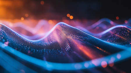 Vibrant and dynamic abstract wave patterns illuminated by colorful light effects. Perfect for technology, design, and modern art concepts.の素材