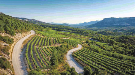 Capture the beauty of a serene vineyard landscape with winding roads, lush greenery, and rolling hills under a clear sky, ideal for nature lovers.の素材
