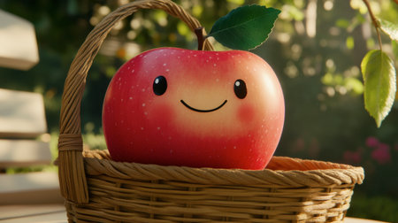 A delightful cartoon apple with a smiling face sits in a woven basket. This playful design captures the essence of nature and joy, perfect for children's themes.の素材