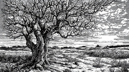 This striking black and white illustration features a gnarled tree set against a dramatic landscape, capturing the beauty of solitude in nature.の素材