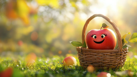 A cheerful cartoon apple with a smiling face rests in a woven basket, surrounded by lush greenery and warm sunlight, capturing the essence of nature's joy.の素材