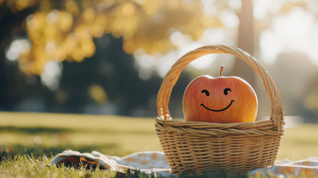 A cheerful apple with a smiley face sits in a woven basket, surrounded by lush grass and warm sunlight, creating a vibrant and joyful outdoor atmosphere.の素材
