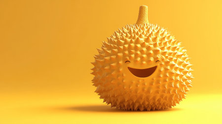 A cheerful durian fruit character with a big smile against a vibrant yellow background, perfect for conveying fun and exotic themes in food and nature.の素材