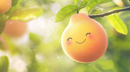 A playful cartoon fruit character with a smiling face, hanging from a vibrant green leaf, surrounded by warm sunlight, ideal for cheerful designs and illustrations.の素材