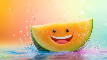 A cheerful watermelon slice with a smiley face splashes into water, creating a vibrant and playful scene. Perfect representation of joy in summer.の素材