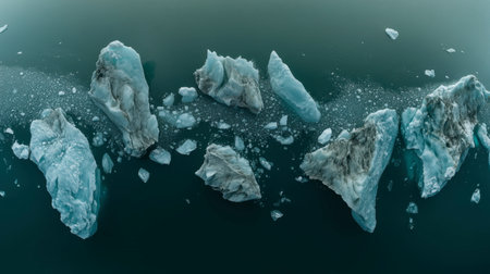 Aerial view of floating icebergs in calm water, showcasing stunning natural beauty. The serene landscape highlights reflections, textures, and cold tones.の素材
