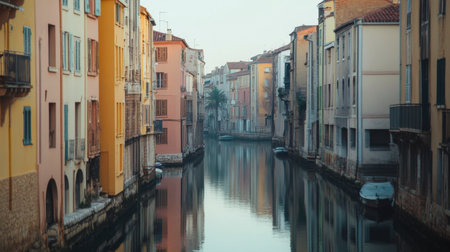 Explore a serene canal surrounded by colorful buildings, reflecting soft morning light. This picturesque scene captures the charm of a tranquil European town.の素材