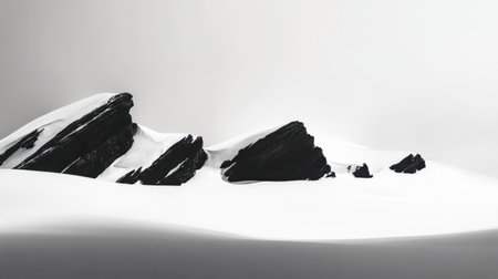 A minimalist landscape featuring striking black rocks emerging from white snow, creating a serene and atmospheric winter scene.の素材