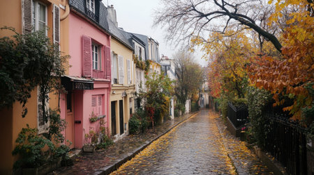 A quaint autumn street in a Parisian neighborhood showcases vibrant colors from foliage, cobblestone pavement, and serene atmosphere perfect for exploration.の素材