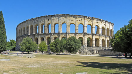 A stunning view of an ancient Roman amphitheater under a bright blue sky. This historical landmark features impressive stone architecture and lush greenery, perfect for travelers seeking a glimpse of ancient history.の素材