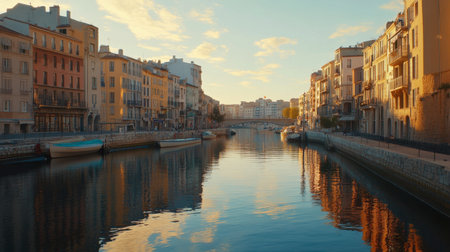 This serene river scene captures the beautiful reflections of colorful buildings at sunset, creating a tranquil atmosphere perfect for travel enthusiasts.の素材