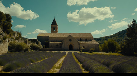 A breathtaking view of vibrant lavender fields and a charming abbey under a clear sky, capturing the serene beauty of nature in a rural setting.の素材